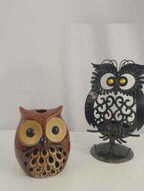 Vintage Owl Candle Holder Lot Ceramic Drip Glaze & Black Metal Amber Eyes Retro